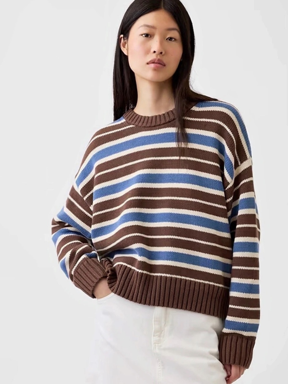 Gap 100% Cotton Crewneck Sweater Striped Sweater Brown & Blue